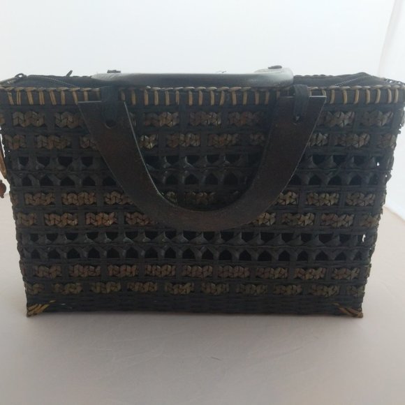 Vintage black woven straw and fabric rectangle box handbag made in Thailand - Picture 2 of 11